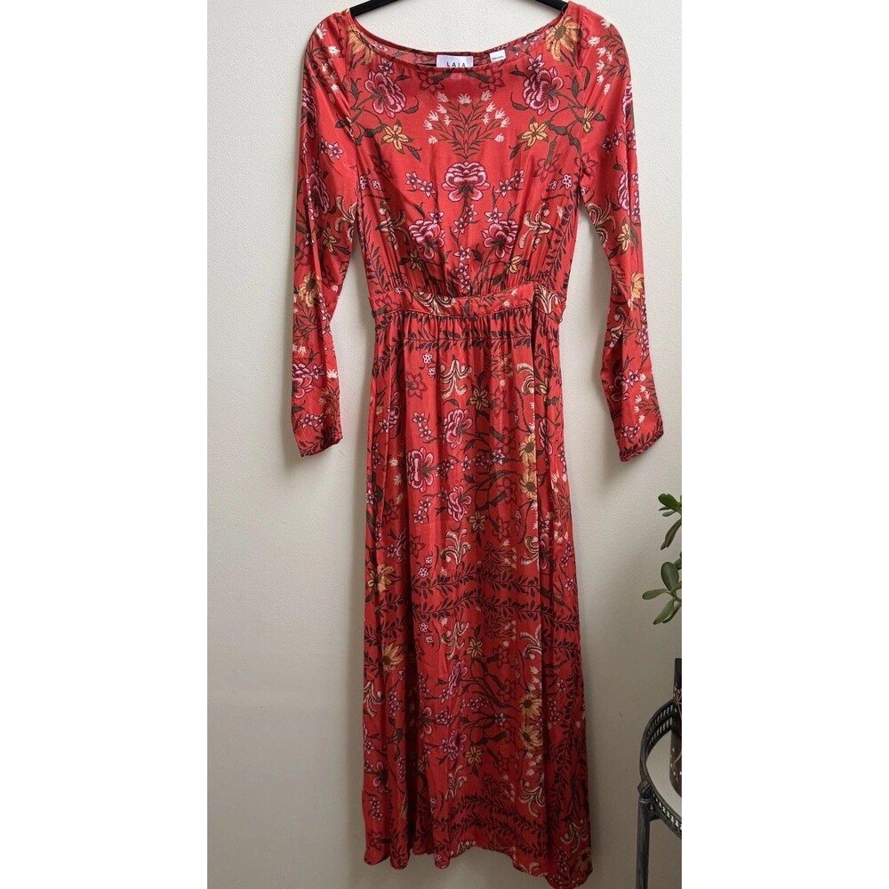 Boho Maxi Dress Red Laia at Anthropologie Roberta Floral Long Sleeve Size XXS
